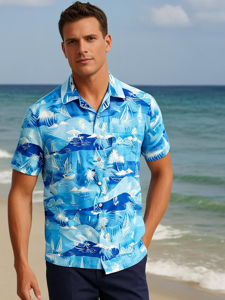 MEN SUMMER VIBRANT OCEAN & ISLAND HAWAII PRINTED SHORT SLEEVE SHIRT