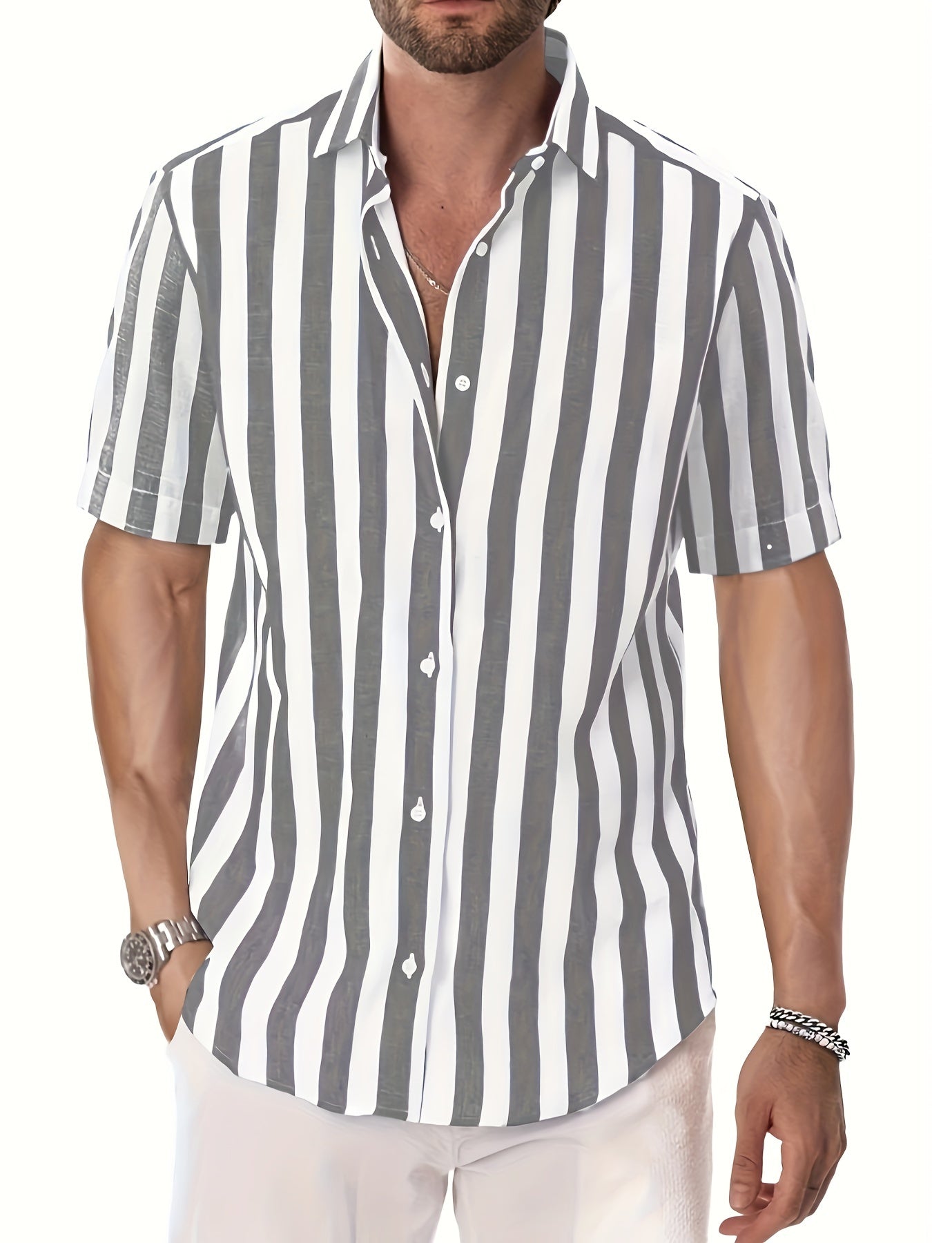 MEN'S SHORT SLEEVE VERTICAL STRIPES REGULAR FIT SHIRT