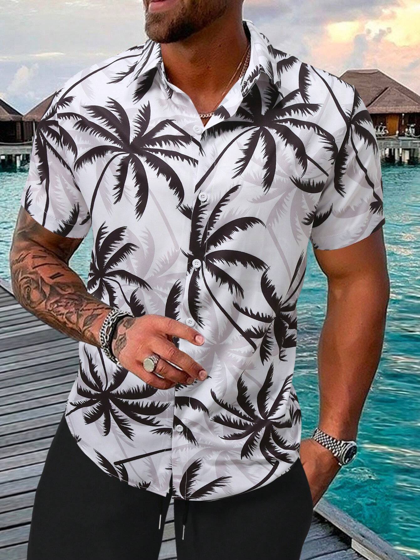 MEN'S SHORT SLEEVE COCONUT TREE GRAPHIC COLORFUL PRINT SHIRT