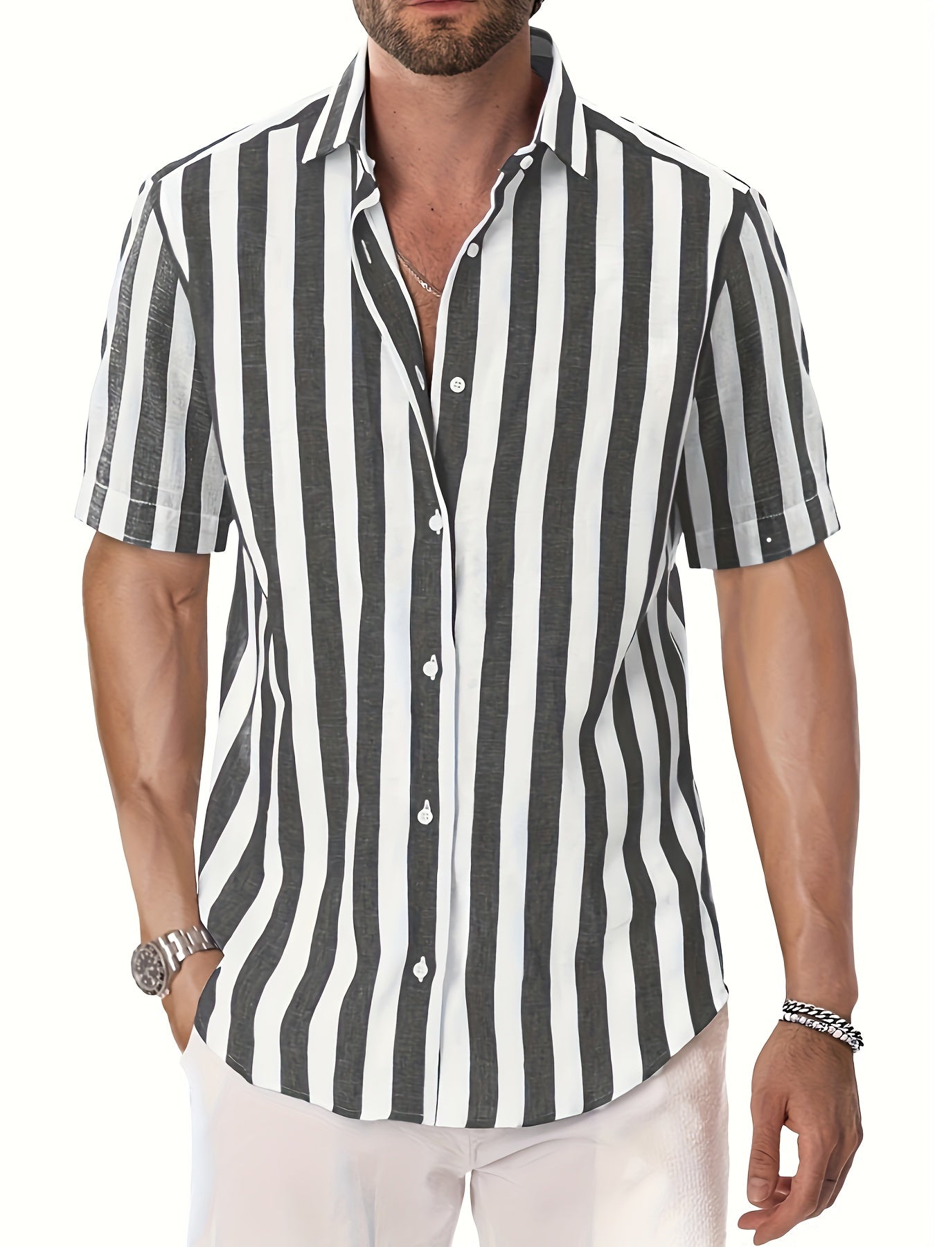 MEN'S SHORT SLEEVE VERTICAL STRIPES REGULAR FIT SHIRT