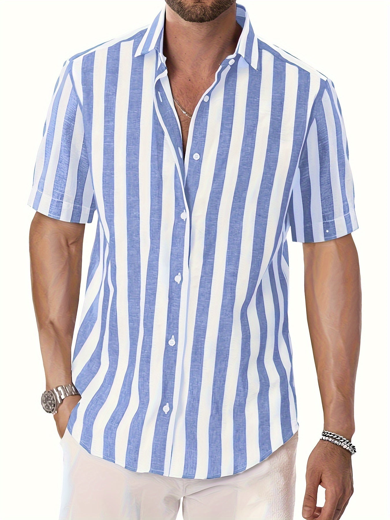 MEN'S SHORT SLEEVE VERTICAL STRIPES REGULAR FIT SHIRT