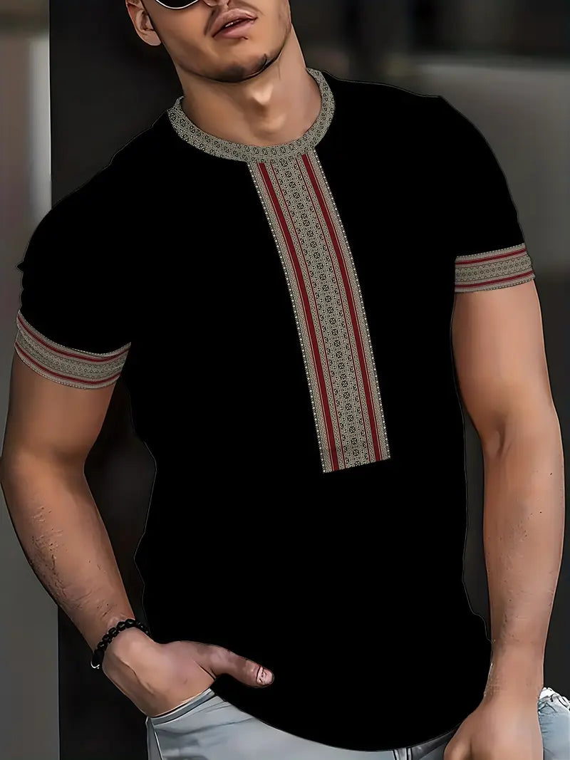 MEN'S STYLISH GEOMETRIC DESIGN POLYESER BLEND HALF SLEEVE T-SHIRT