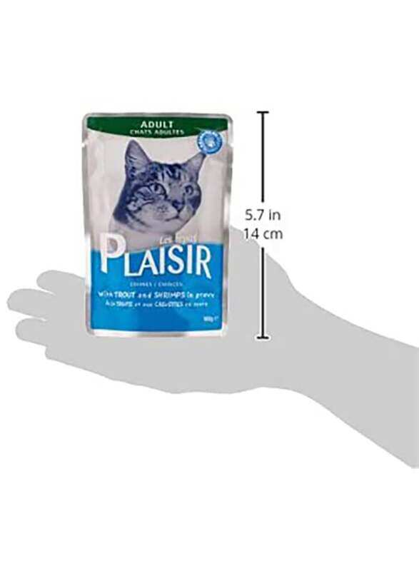 قطع من صلصة بلاسير مع قطع من سمك السلمون المرقط والجمبري للقطط 100 جرام