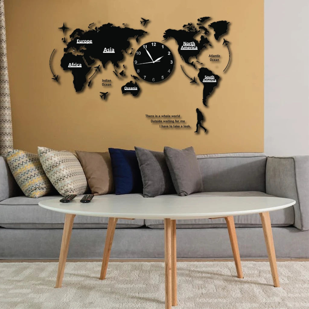 FLEXYKO HIGH QUALITY ACRYLIC WALL BLACK WORLD MAP WITH CLOCK