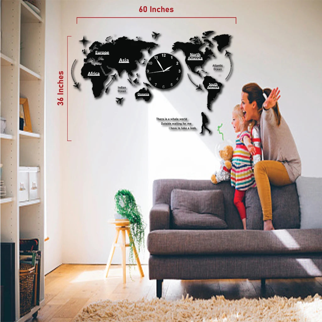 FLEXYKO HIGH QUALITY ACRYLIC WALL BLACK WORLD MAP WITH CLOCK