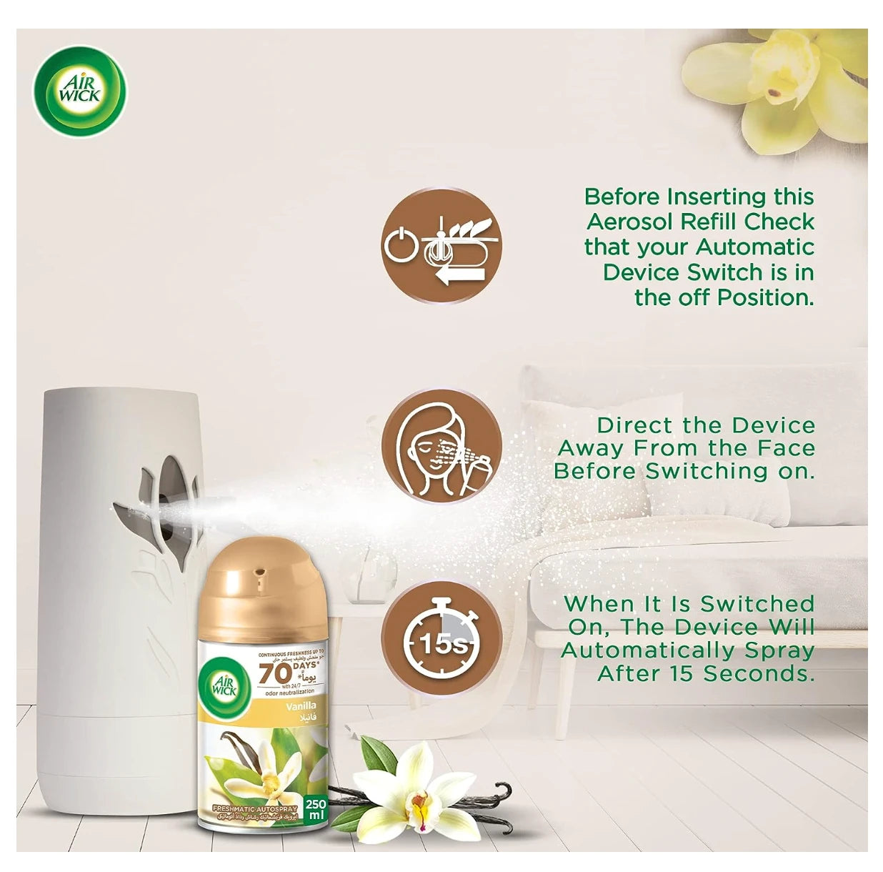 مجموعة بخاخ معطر جو اير ويك فريش ماتيك فانيليا 250 مل