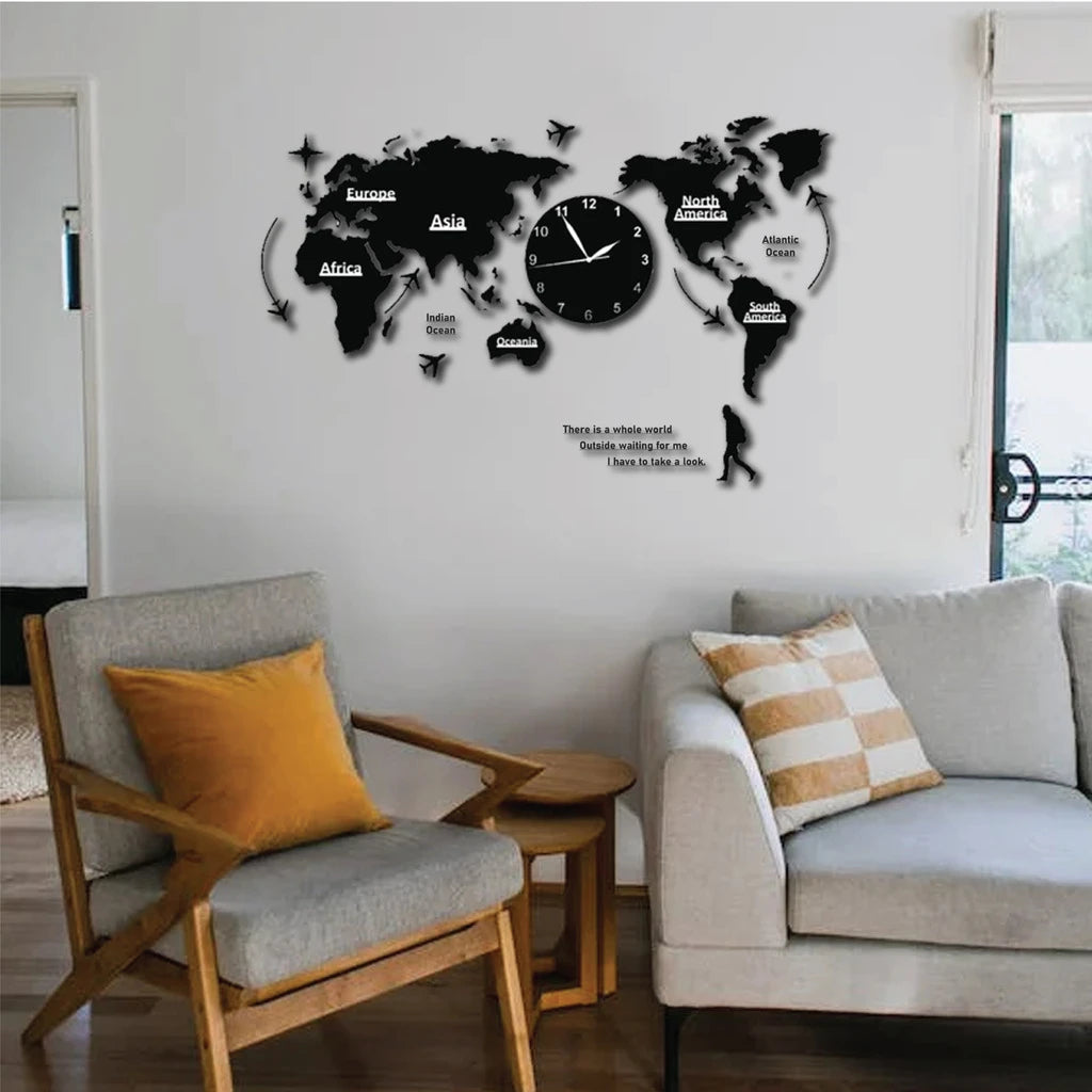 FLEXYKO HIGH QUALITY ACRYLIC WALL BLACK WORLD MAP WITH CLOCK