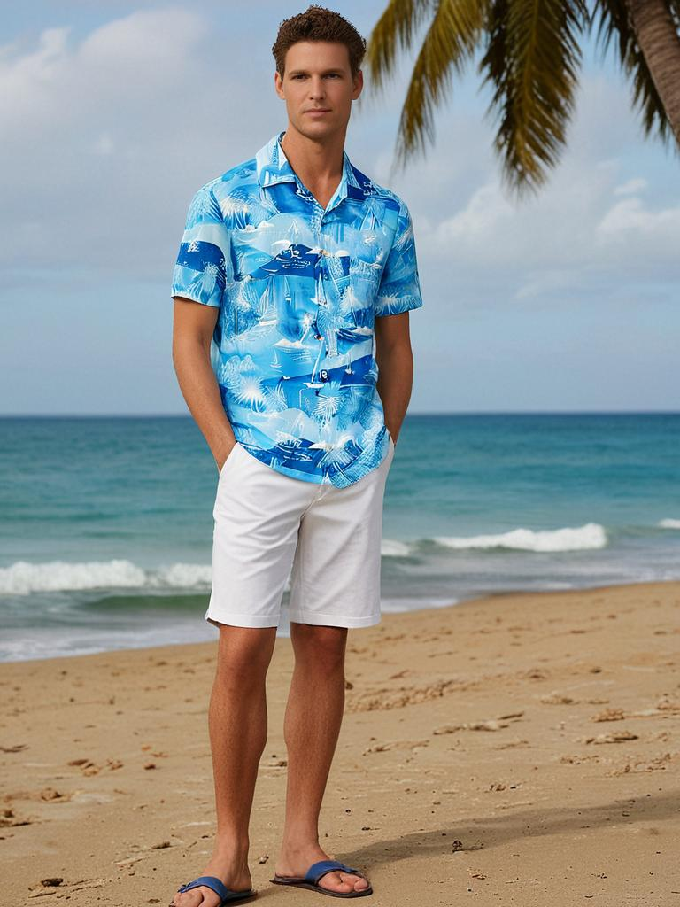 MEN SUMMER VIBRANT OCEAN & ISLAND HAWAII PRINTED SHORT SLEEVE SHIRT