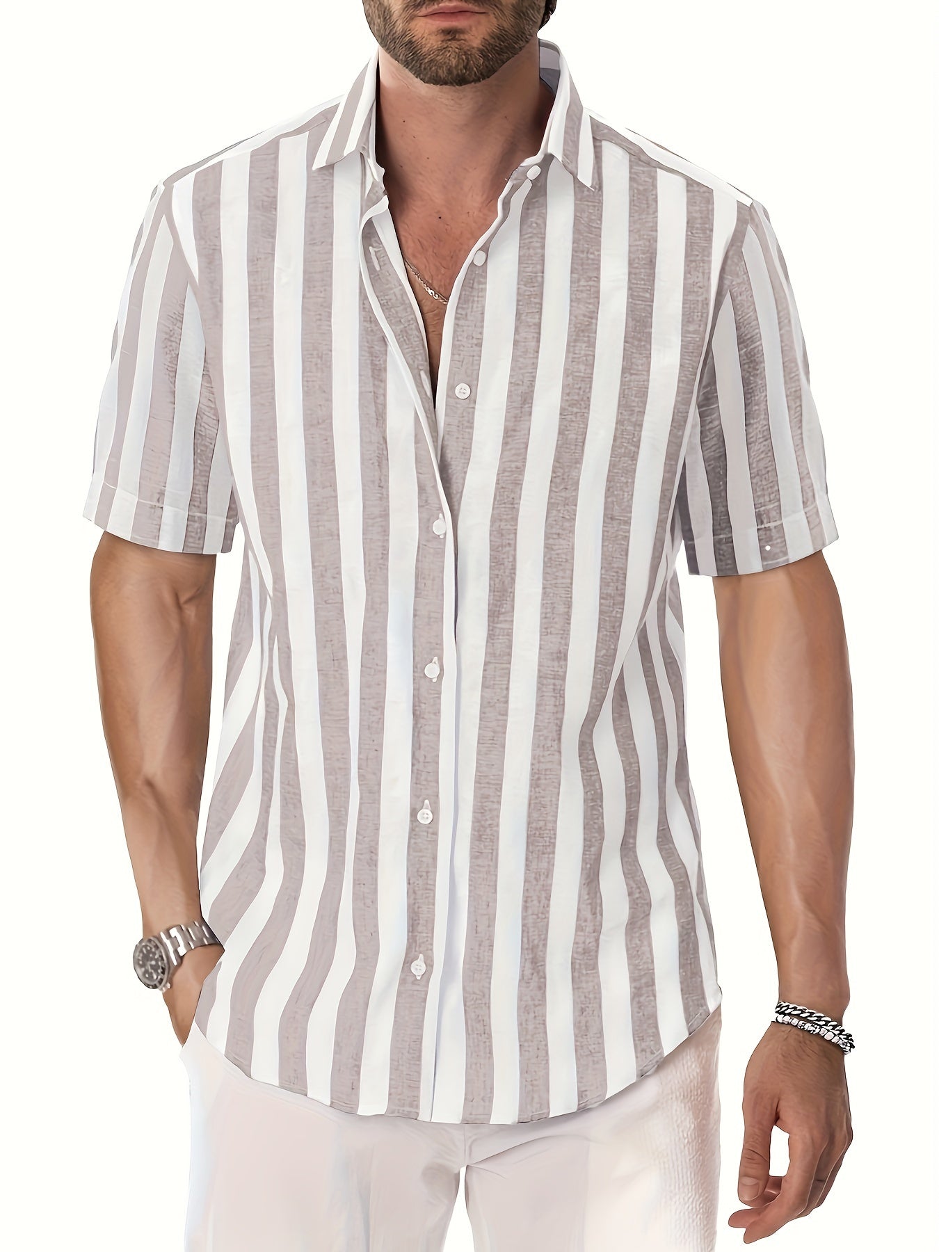 MEN'S SHORT SLEEVE VERTICAL STRIPES REGULAR FIT SHIRT