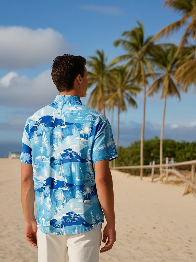 MEN SUMMER VIBRANT OCEAN & ISLAND HAWAII PRINTED SHORT SLEEVE SHIRT