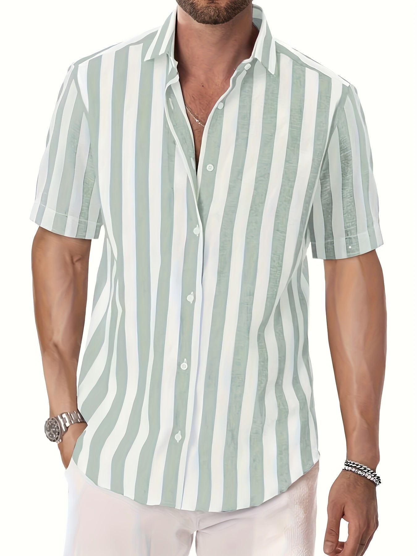 MEN'S SHORT SLEEVE VERTICAL STRIPES REGULAR FIT SHIRT