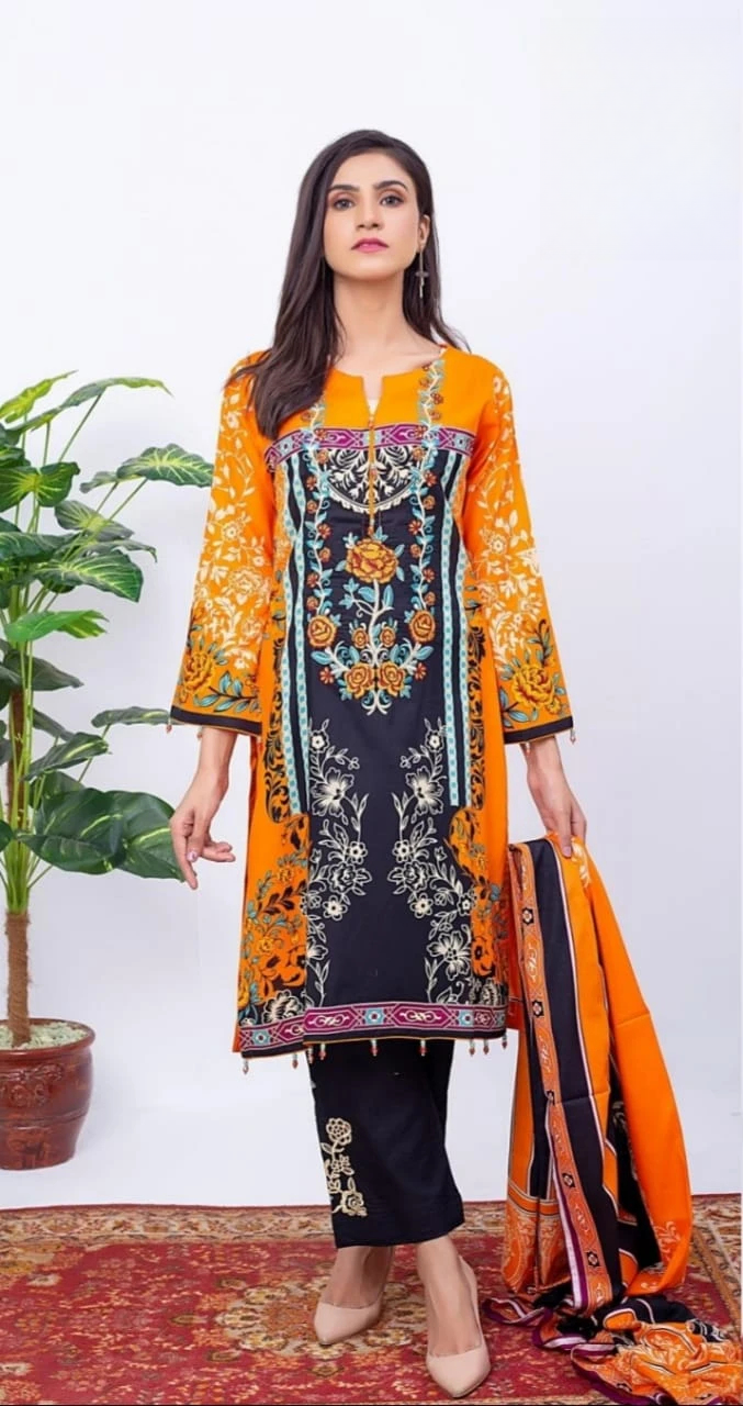 WOMEN TRADINTIONAL THREE PIECE SUIT FOR ANY OCCESSION BLACK ORANGE FLORAL PRINTED