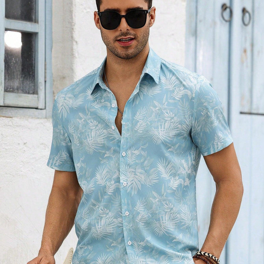 MEN'S CASUAL TROPICAL PALM TREE DECOR SHORT SLEEVES SHIRT
