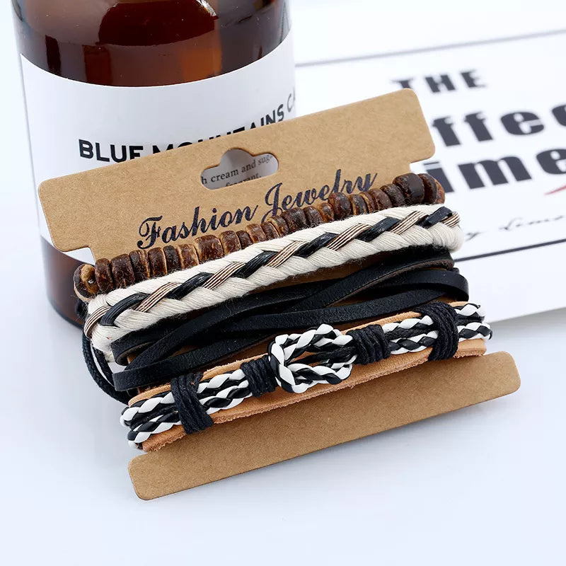 VINTAGE NATURAL SET OF 4 GENUINE LEATHER BRAIDED MULTICOLOR BRACELETS