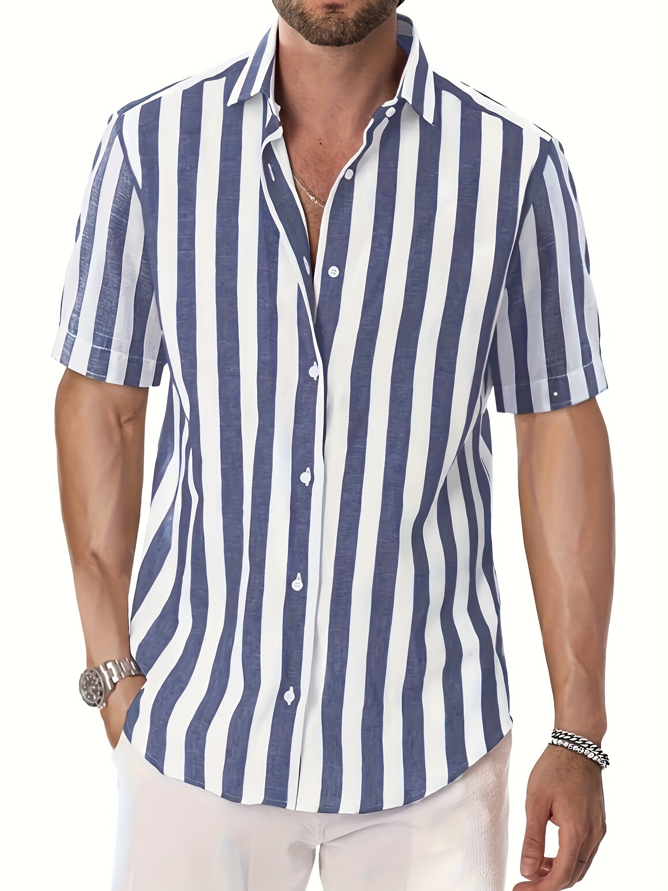 MEN'S SHORT SLEEVE VERTICAL STRIPES REGULAR FIT SHIRT