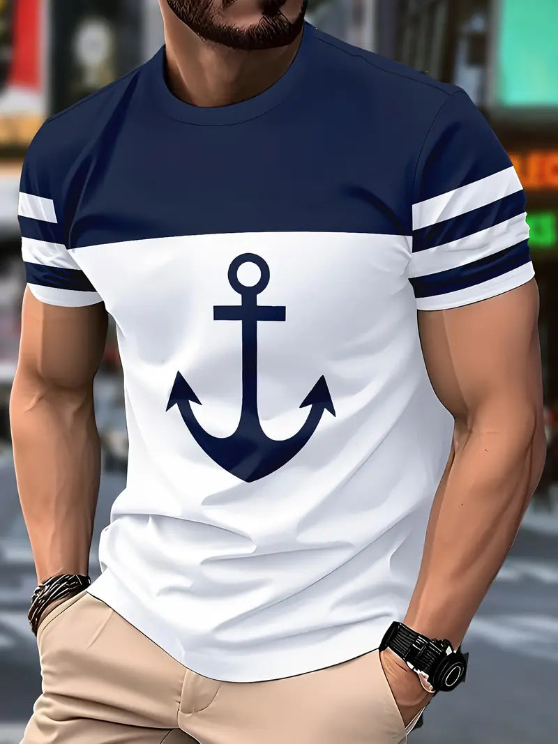 MEN'S BREATHABLE NAUTICAL ANCHOR DESIGN OUTDOOR CASUAL T-SHIRT