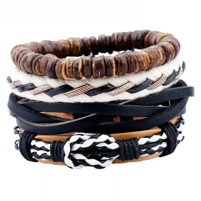 VINTAGE NATURAL SET OF 4 GENUINE LEATHER BRAIDED MULTICOLOR BRACELETS