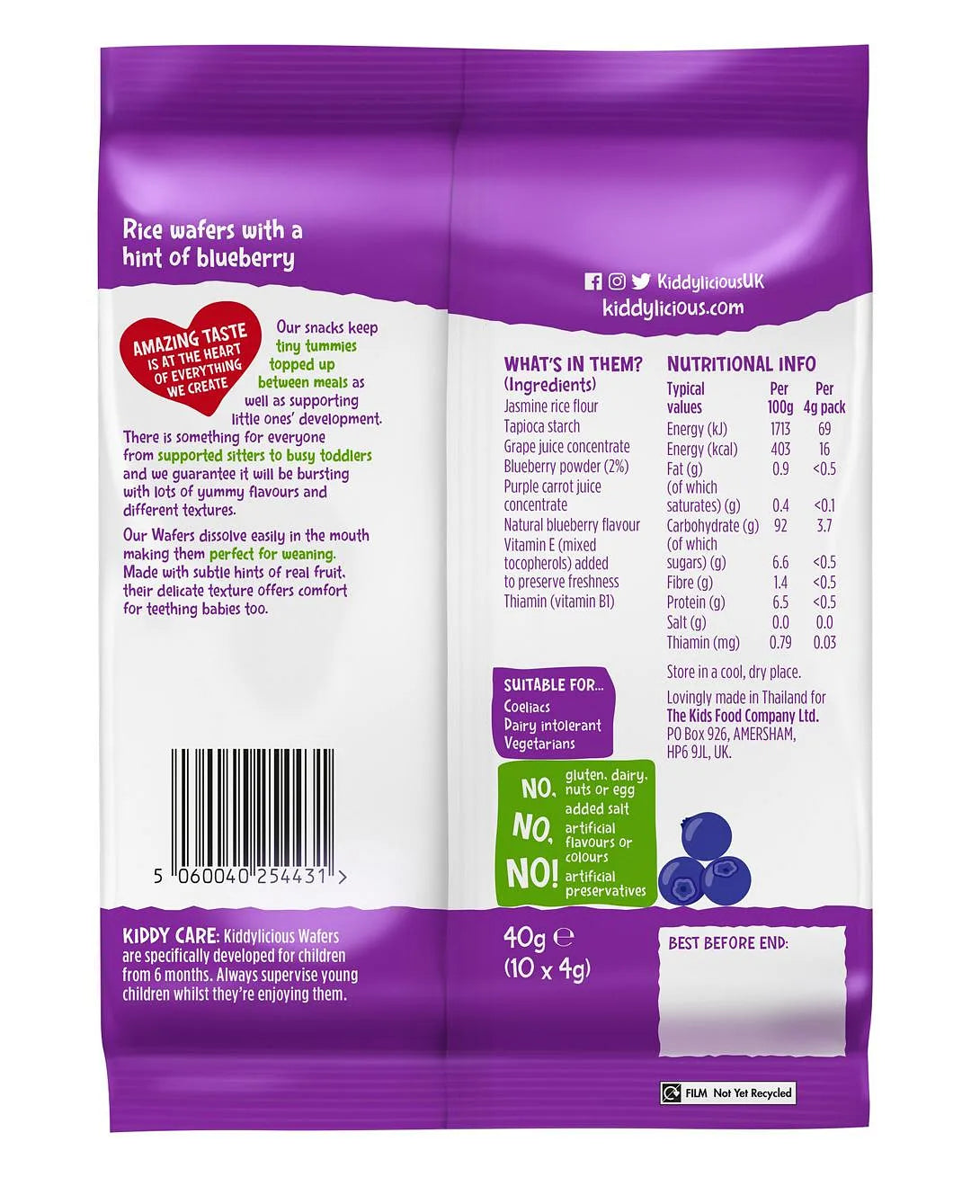 KIDDYLICIOUS BLUEBERRY RICE WAFERS 40GM/ 10PACKS