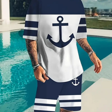 MEN'S BREATHABLE NAUTICAL ANCHOR DESIGN OUTDOOR CASUAL T-SHIRT