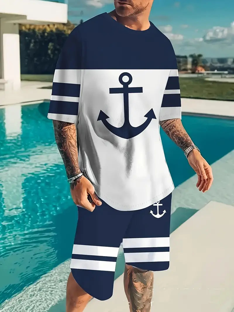 MEN'S BREATHABLE NAUTICAL ANCHOR DESIGN OUTDOOR CASUAL T-SHIRT