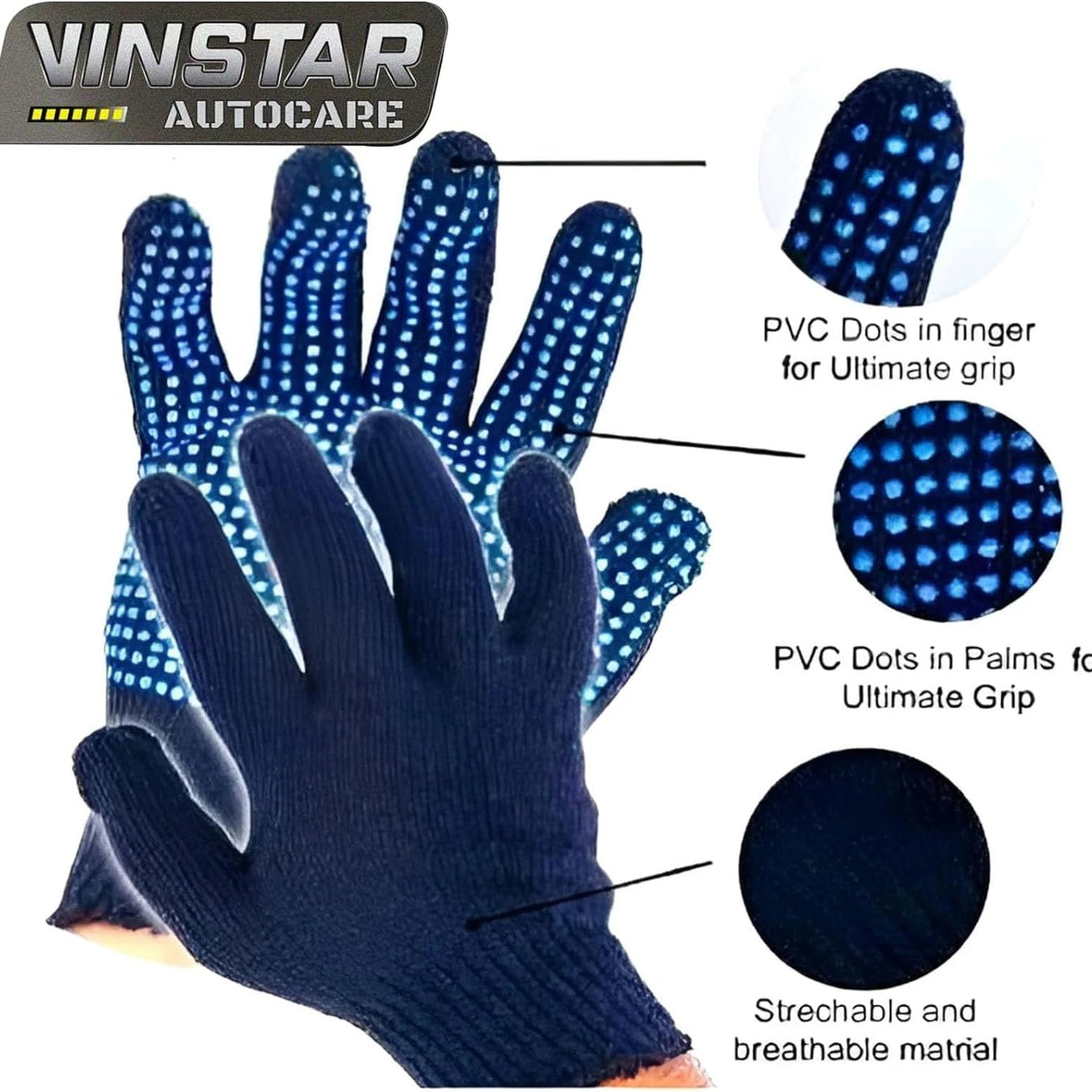 VINSTAR AUTOCARE HAND GLOVES DOTTED COTTON  FOR INDUSTRIAL AND INDOOR USE 12 PAIRS PACK