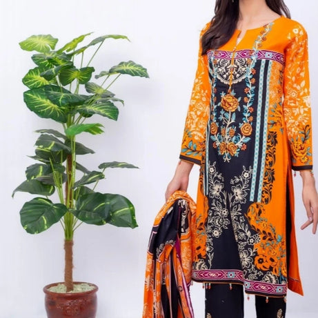 WOMEN TRADINTIONAL THREE PIECE SUIT FOR ANY OCCESSION BLACK ORANGE FLORAL PRINTED