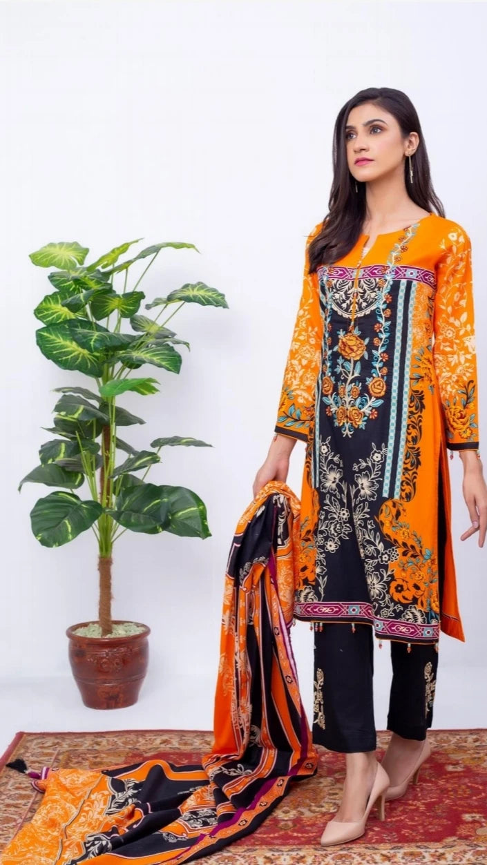 WOMEN TRADINTIONAL THREE PIECE SUIT FOR ANY OCCESSION BLACK ORANGE FLORAL PRINTED