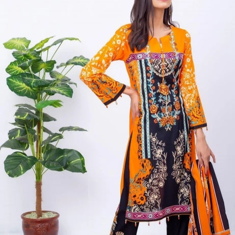 WOMEN TRADINTIONAL THREE PIECE SUIT FOR ANY OCCESSION BLACK ORANGE FLORAL PRINTED