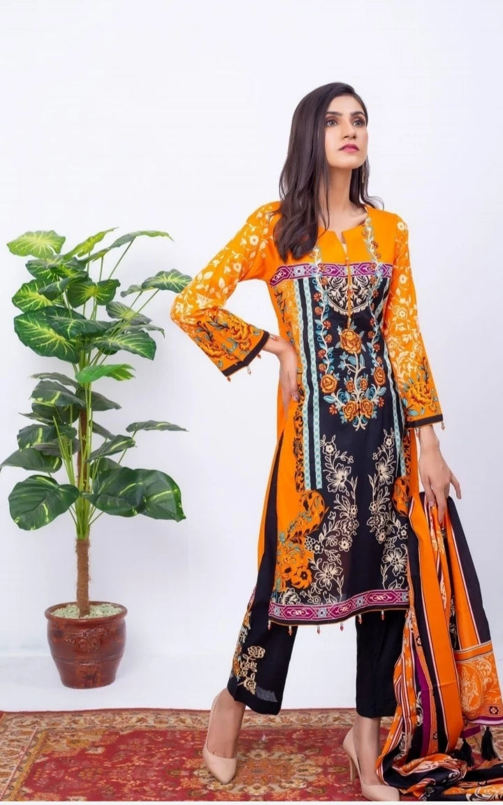 WOMEN TRADINTIONAL THREE PIECE SUIT FOR ANY OCCESSION BLACK ORANGE FLORAL PRINTED