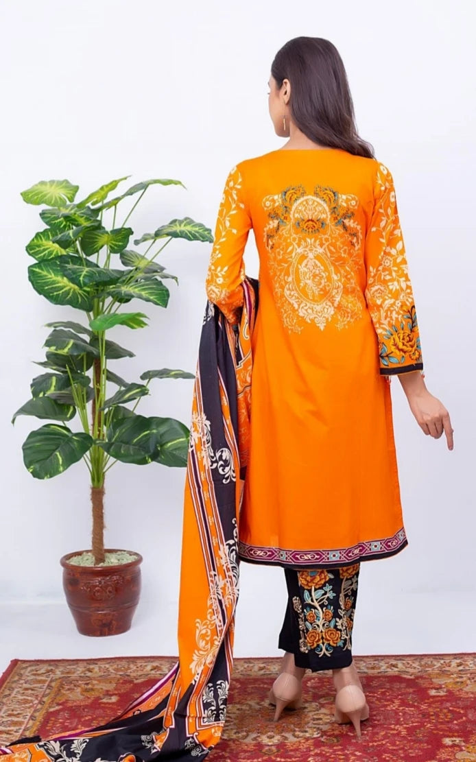 WOMEN TRADINTIONAL THREE PIECE SUIT FOR ANY OCCESSION BLACK ORANGE FLORAL PRINTED
