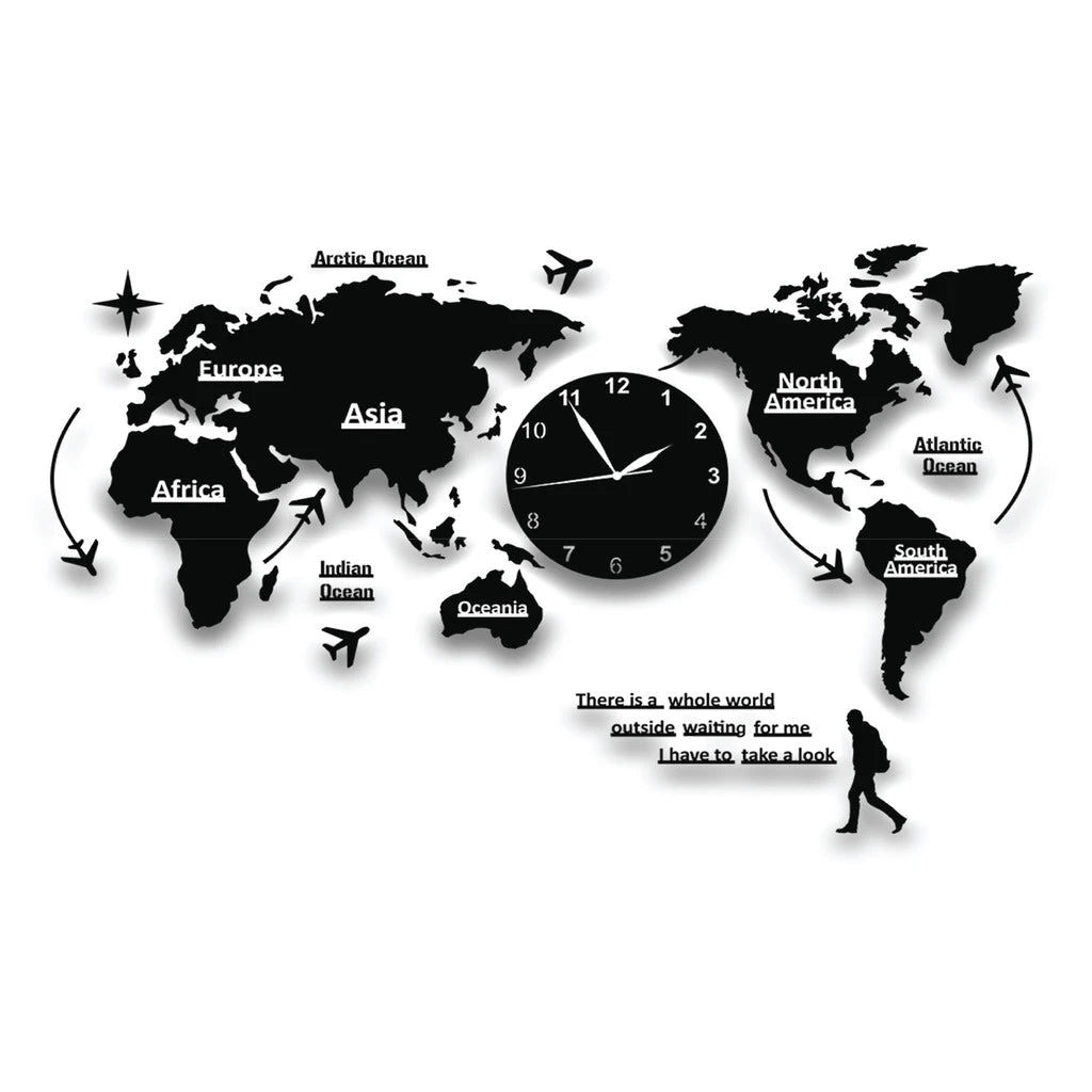 FLEXYKO HIGH QUALITY ACRYLIC  WALL BLACK WORLD MAP WITH CLOCK